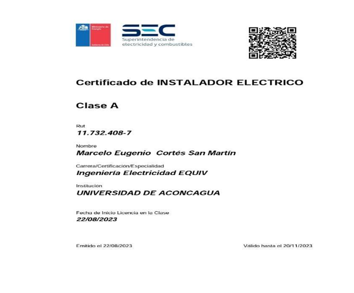 Certificado de Instalador Eléctrico clase A